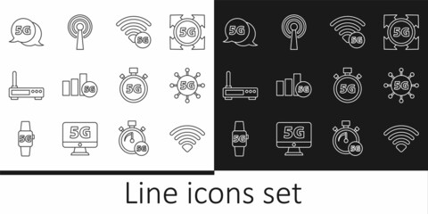 Set line Wi-Fi wireless network, 5G, Router and wi-fi signal, Digital speed meter and Antenna icon. Vector
