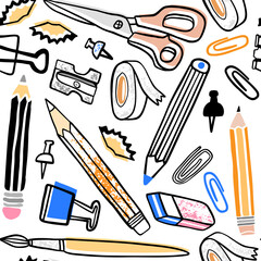 School supplies seamless pattern. Hand drawn illustration - 479001689