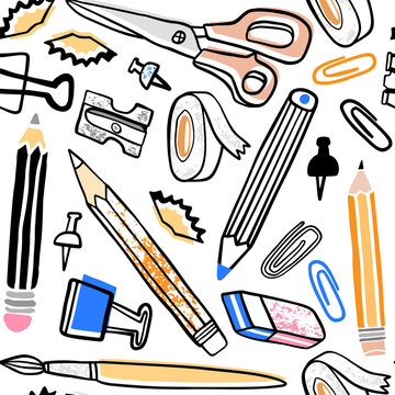 School supplies seamless pattern. Hand drawn illustration
