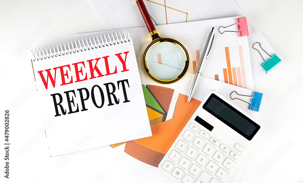 Poster white notepad text weekly report with diagram,chart,calculator on the white background