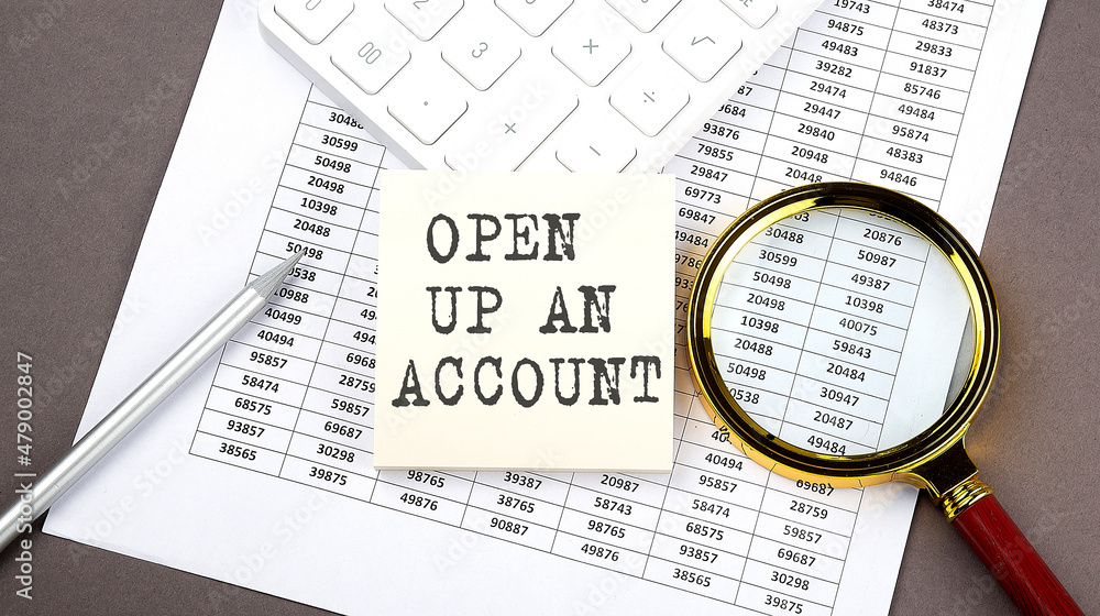 Poster open up an account text on sticker on the chart ,with calculator and magnifier
