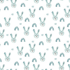 Cute bunny, watercolor print. Seamless pattern. Childrens illustration
