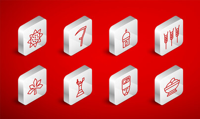 Set line Varenyky in a bowl, Scythe, Church tower, Wheat, Ukrainian cossack, Sunflower, Mother Motherland monument and Chestnut leaf icon. Vector