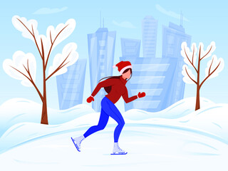 Girl ice skating on Winter ice rink in city landscape. Winter outdoor activity concept of illustration. Vector illustration cartoon style