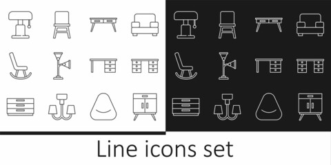 Set line Chest of drawers, Office desk, Floor lamp, Armchair, Table, and Chair icon. Vector