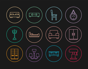Set line Table lamp, Wardrobe, Chair, Bed, Coat stand, Big bed, Armchair and Chest of drawers icon. Vector