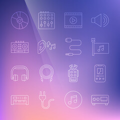 Set line Guitar amplifier, Music player, festival flag, Online video, Ear listen sound signal, DJ remote and mixing music, CD or DVD disk and Audio jack icon. Vector