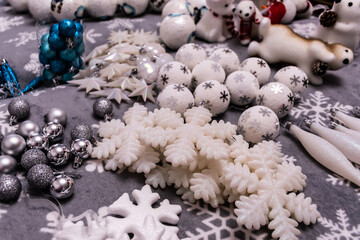 Silver and white Christmas decorations.