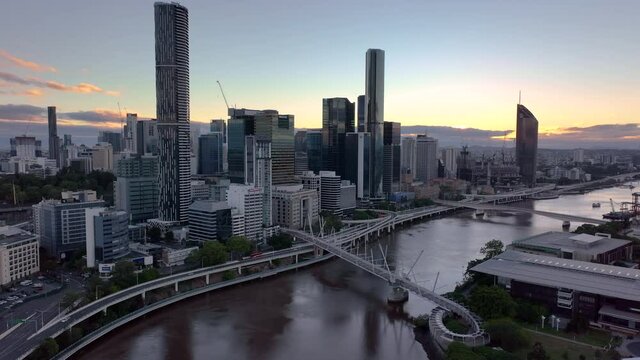 Slow Drone towards Brisbane City at Sunrise
