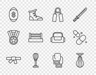 Set line Black karate belt, Punching bag, Sport expander, American Football ball, Boxing ring, glove and Vitamin pill icon. Vector