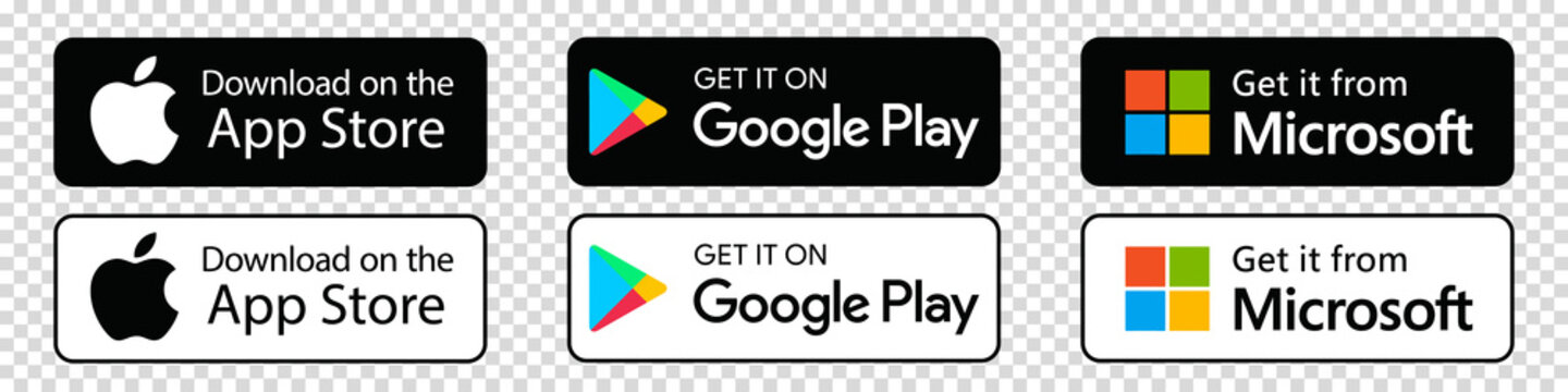 Badges Google Play store, Apple App store, different languages
