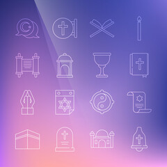 Set line Church bell, Torah scroll, Holy bible book, of Koran, Muslim Mosque, Decree, paper, parchment,, Star and crescent and grail chalice icon. Vector