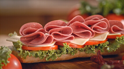 Beef salami sandwich served at the dinner table. Ham, Cheese and Lettuce Sandwich. Turkey Sandwich...