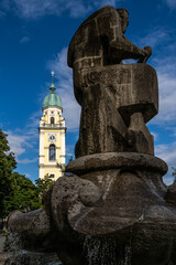 Fountain in front of St. Joseph, a Roman Catholic church located in Maxvorstadt, Munich, Germany.