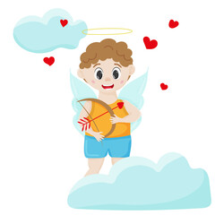 The Amur child. Funny cupid, little angel. Cute boy with a bow, heart hunter, romantic vector character