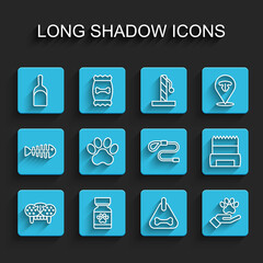 Set line Cat tooth, Medicine bottle and pills, Dustpan, Dog collar, Hands with animals footprint, Paw, shit bag and Retractable cord leash icon. Vector