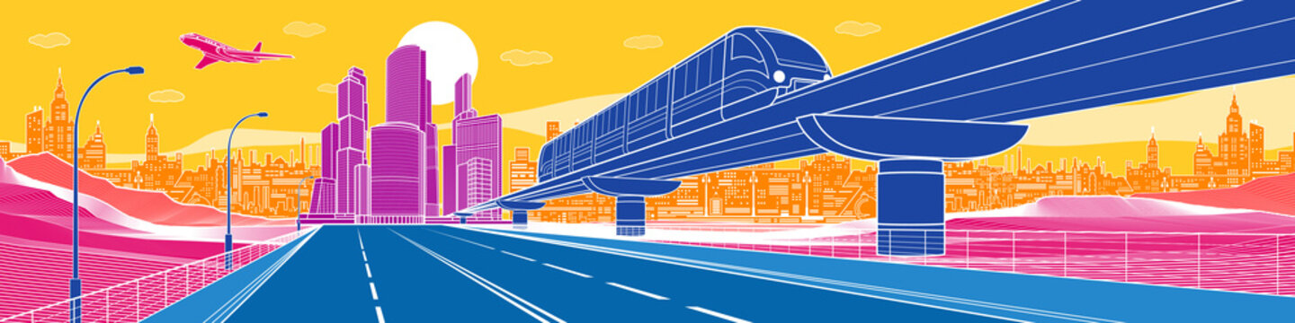 Colorful Infrastructure town illustration. Large highway, train rides on bridge. Modern city at color background, tower and skyscrapers, business building. Plane is flying. Vector design art
