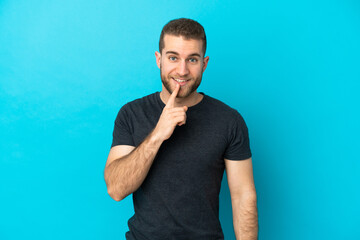 Young handsome caucasian man isolated on blue background showing a sign of silence gesture putting...