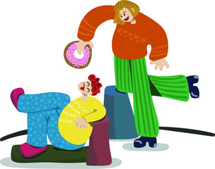 Illustration with two people playing with huge donut. Artwork can be used
as decoration, background, textile or fabric motive, poster in cafe, etc. 