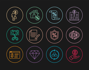 Set line Hand giving money, Money exchange, Finance document, Document pen, Scissors cutting, Business man planning mind, Loan percent and House with percant discount icon. Vector