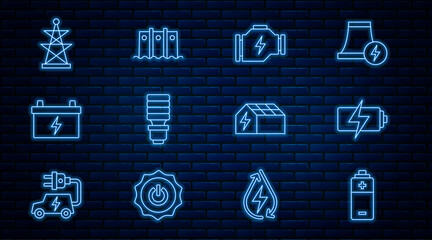 Set line Battery, Check engine, LED light bulb, Car battery, Electric tower, Solar energy panel and Hydroelectric dam icon. Vector