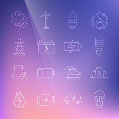 Set line LED light bulb, Hydroelectric dam, Car battery, Electric tower, Earth globe and leaf and Battery icon. Vector