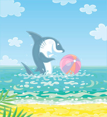 Funny great white shark jumping out of water and playing a big colorful ball on a summer sea beach, vector cartoon illustration