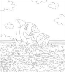 Funny and playful shark playing with merry tropical fishes in warm waters of an exotic coral reef, black and white outline vector cartoon illustration for a coloring book page
