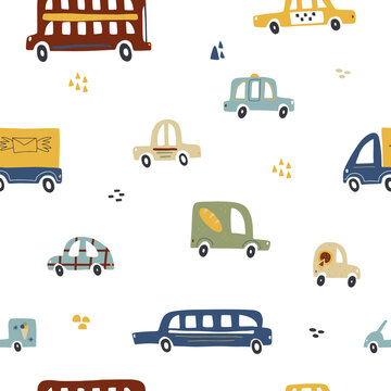 Seamless pattern with cute colored cars for decorating textile products for children