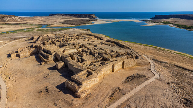 Aerial of the old Frankincense harbour Sumhuram, UNESCO World Heritage Site, Khor Rori, Salalah