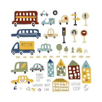 set with different types of transport, textures, traffic signs, houses