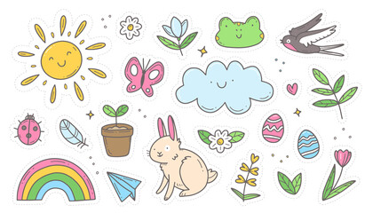 Set of spring doodle stickers. Set of spring cliparts, easter elements. Vector isolated illustration.