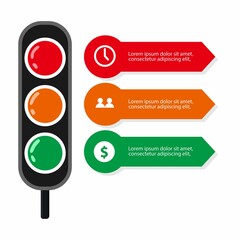 Cartoon Infographic traffic light with business icon with symbol in yellow, red, and green color. stop, warning, and go sign, perfect for Illustration Vector Graphic presentation, campaign, and poster