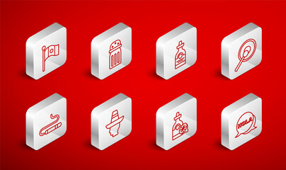 Set line Hola, Salt, Tequila bottle, Gong, with lemon, Mexico flag, Mexican man sombrero and Cigar icon. Vector © vector_v