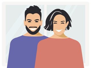 Obraz premium World Smile Day. Cheerful couple with black short hair laughs and feels happy, exudes joy and mentally well. Poster design in flat style. Man and woman together. 