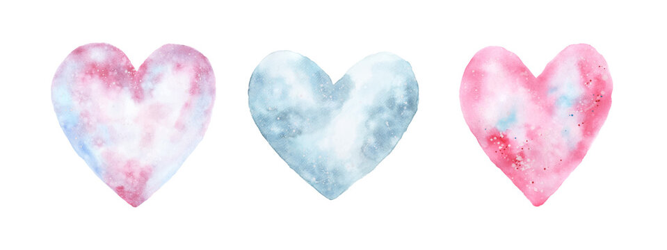 Hand-painted watercolor pink and blue hearts set