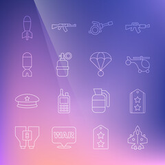 Set line Jet fighter, Military rank, Helicopter, Howitzer, Hand grenade, Rocket launcher, and Parachute icon. Vector