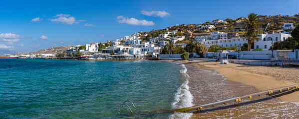 View of seaside restaurant and Paralia Choras beach, Mykonos Town, Mykonos, Cyclades Islands, Greek Islands, Aegean Sea