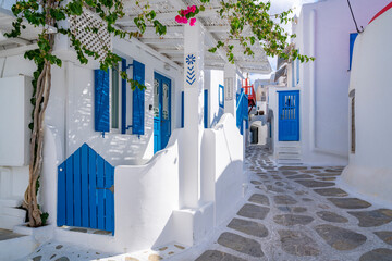 View of whitewashed narrow street, Mykonos Town, Mykonos, Cyclades Islands, Greek Islands, Aegean Sea