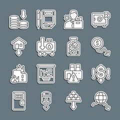 Set line Global economic crisis, Dollar rate decrease, Employee dismissal, Drop in crude oil price, Falling property prices, and Glass money jar with coin icon. Vector