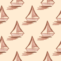 Seamless pattern with hand-painted by watercolor paints brown boat with sail, floating in the sea.