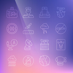 Set line Airship, Passport, No Smoking, Metal detector airport, Plane takeoff, Helicopter landing pad, Suitcase and Storm icon. Vector