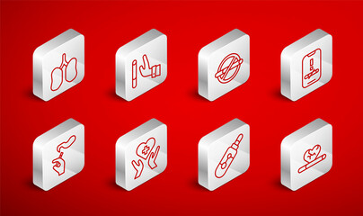 Set line Heart disease with smoking, Giving up cigarette, No, Electronic, Lungs, cross and Hand icon. Vector