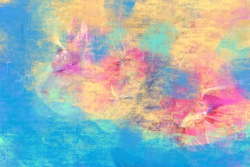 abstract watercolor background with flowers, colorful wallpaper with paint stains and splashes, summer mood, blooming flowers vibe, colorful stains, textured surface in colorful pigment 