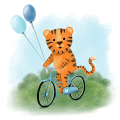 Happy Chinese new year greeting card 2022 with cute tiger in different season location for calendar. Animal holidays cartoon character.