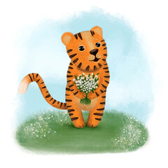 Happy Chinese new year greeting card 2022 with cute tiger in different season location for calendar. Animal holidays cartoon character