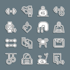 Set line Sport training program, Bathroom scales, Hoodie, Weight, Heartbeat increase, Smart watch with heart, Dumbbell and Jump rope icon. Vector