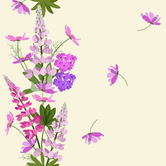 Flowers kosmea, lupine, phlox on light background. Seamless vector illustration.