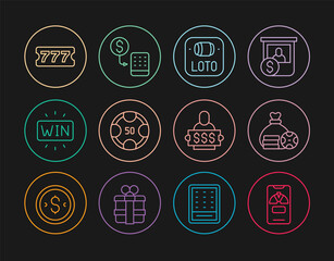 Set line Lucky wheel on phone, Money bag, Lottery ticket, Casino chips, win, Winner holding prize and exchange icon. Vector