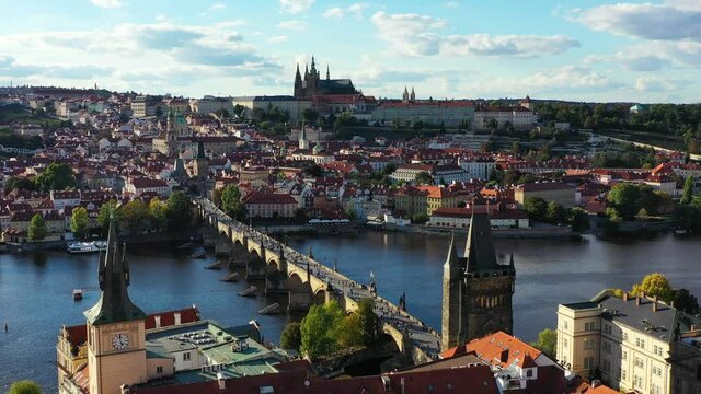 Prague scenic aerial view of the Prague Old Town pier architecture and Charles Bridge over Vltava river in Prague, Czechia. Old Town of Prague, Czech Republic.